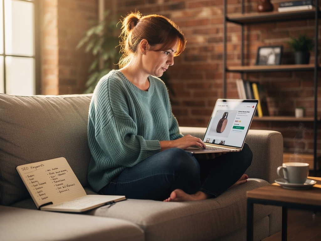 Propietaria de tienda online trabajando con su portátil analizando datos de búsqueda