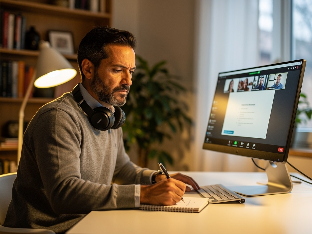 Participante en formación online sobre palabras clave con auriculares y ordenador portátil