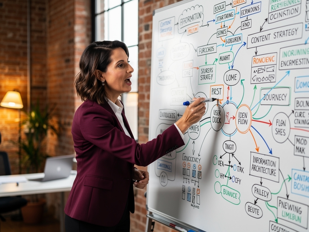 Profesional estructurando contenido en una pizarra con esquemas y mapas mentales